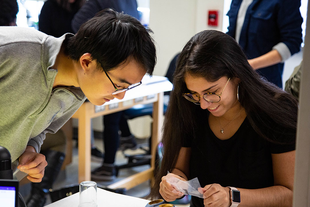 Two students in a Forensic Sciences lab working together on a fingerprint with a piece of tape