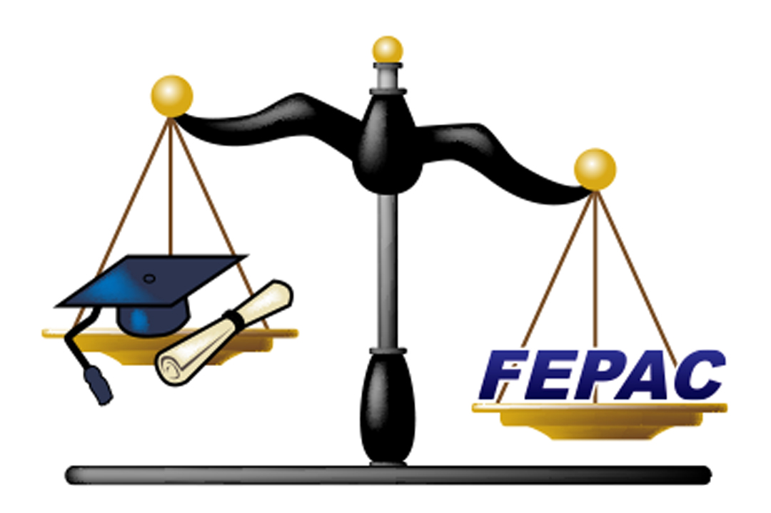 Logo: FEPAC. A scale with the acronym on one side and a graduation cap and diploma on the other side.