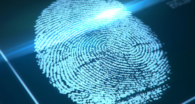 A blue fingerprint on a digital screen